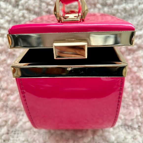 Pink One-of-a-Kind Patent Semi-Circle Box Bag with Short Handle & Shoulder Strap - Picture 4 of 8